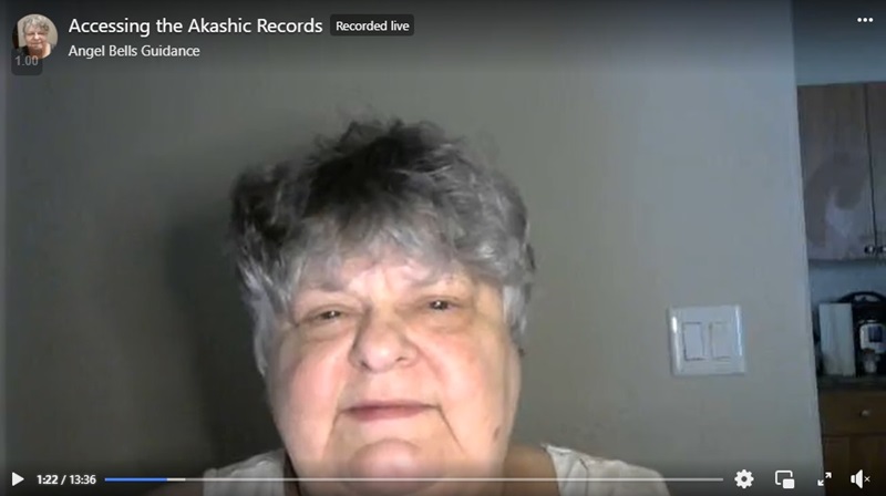 A person with short gray hair is seen on a video call. The video is titled "Accessing the Akashic Records" and is labeled as recorded live. The duration is 13:36.